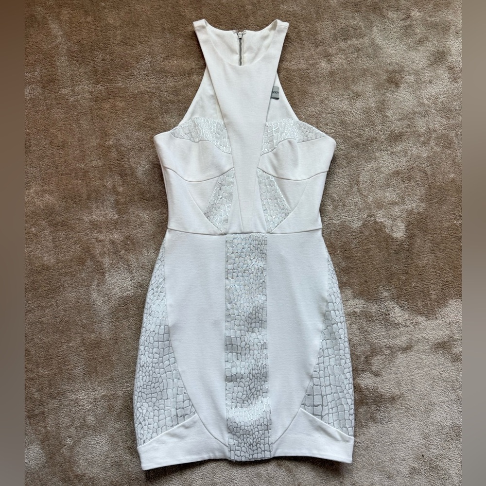 White Textured Panel Halter Bodycon Dress